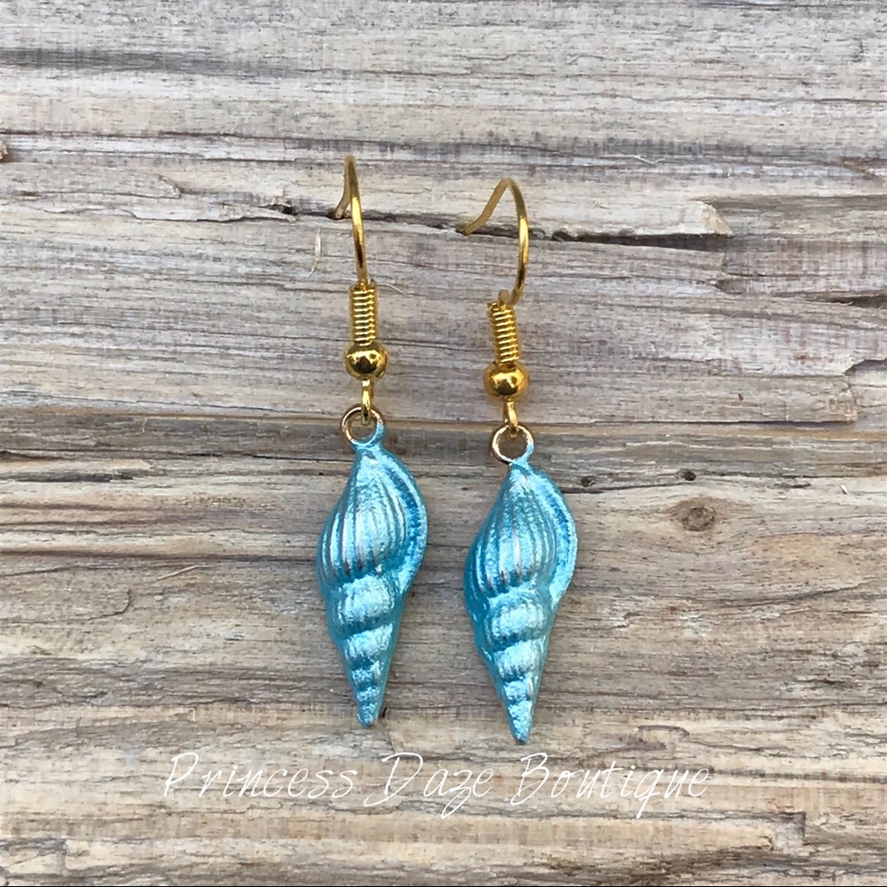 Gold Light Blue Sea Shell Dangle Earrings